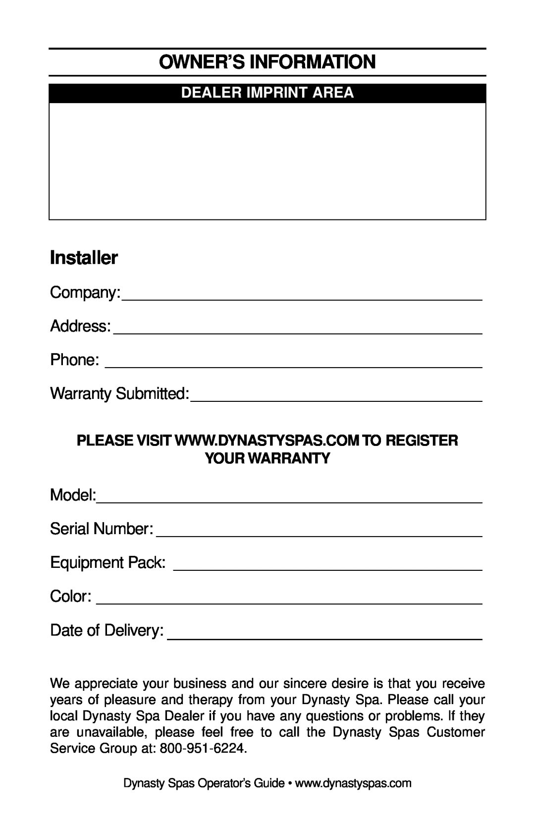Dynasty Spas 2007 manual Owner’S Information, Installer, Date of Delivery 