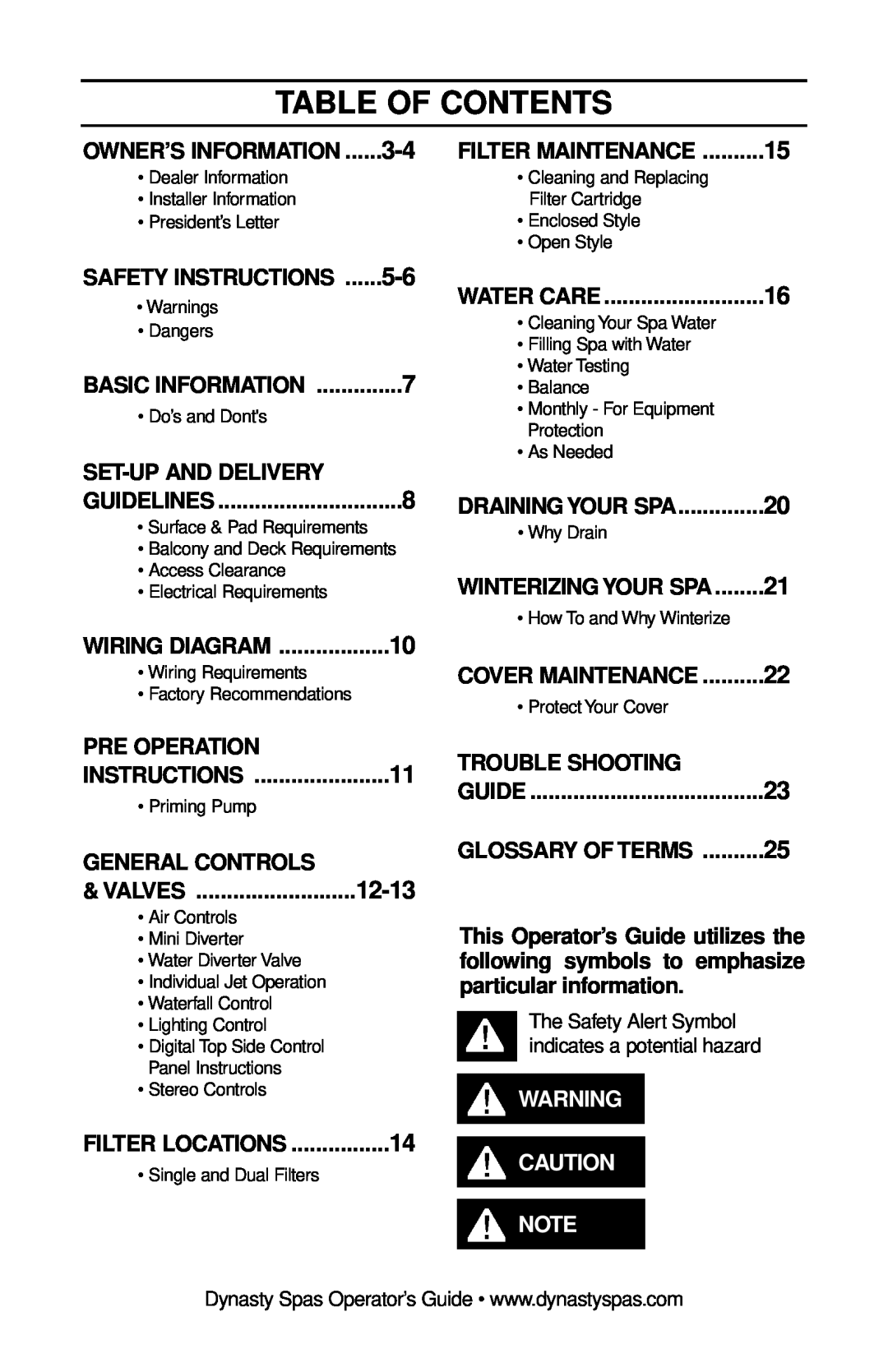 Dynasty Spas 2007 manual Table Of Contents 
