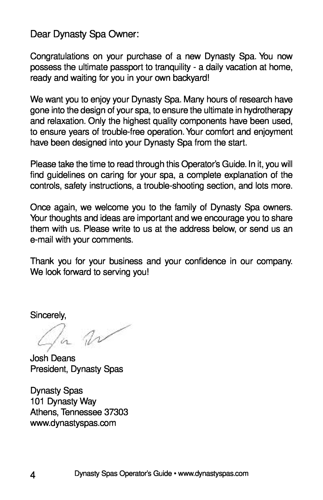 Dynasty Spas 2007 manual Dear Dynasty Spa Owner 