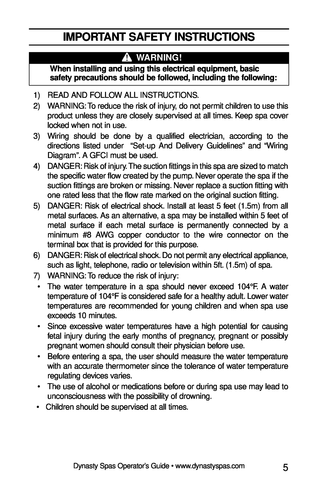 Dynasty Spas 2007 manual Important Safety Instructions 