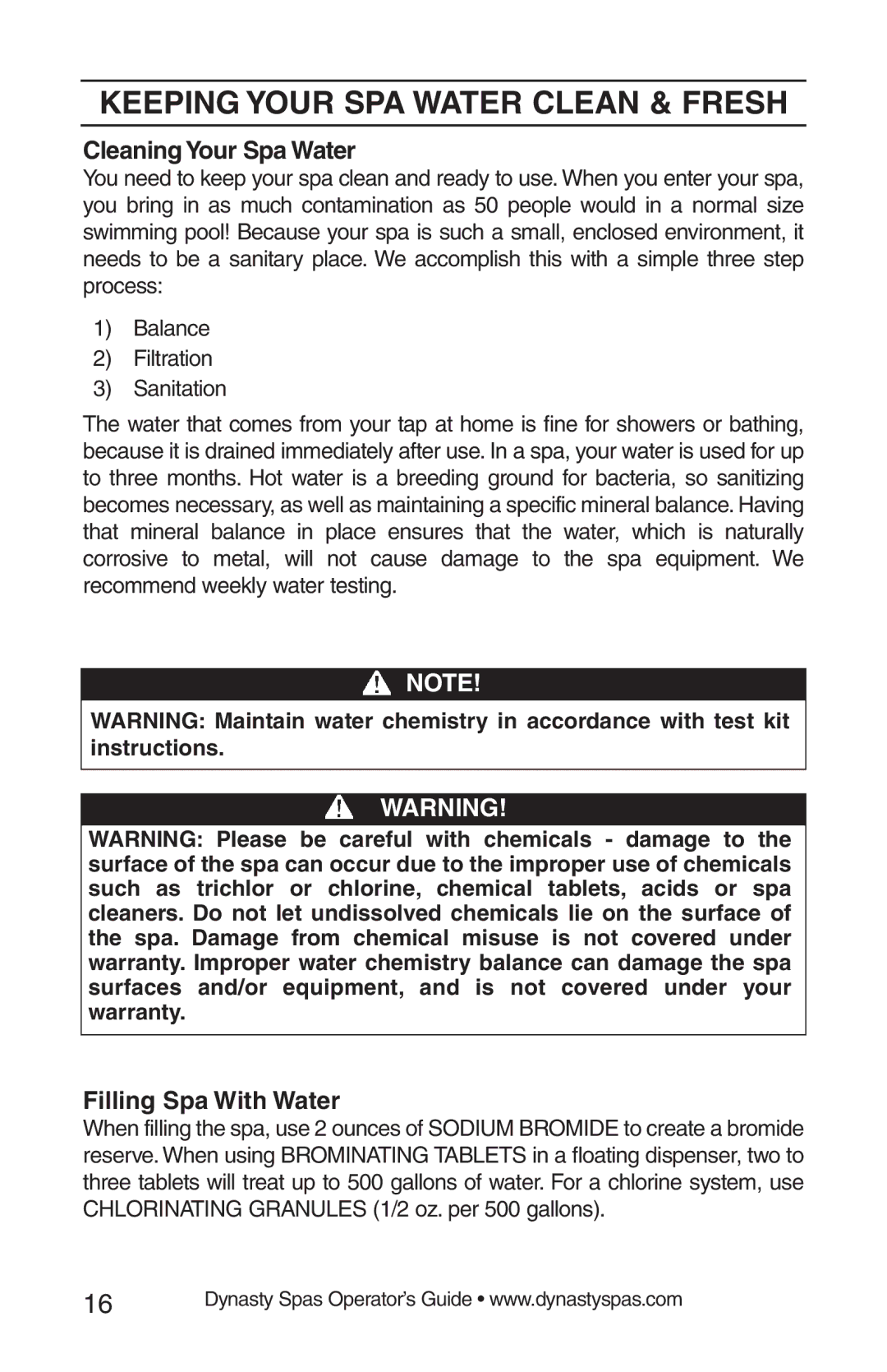 Dynasty Spas 2008 manual Keeping Your SPA Water Clean & Fresh, Cleaning Your Spa Water, Filling Spa With Water 