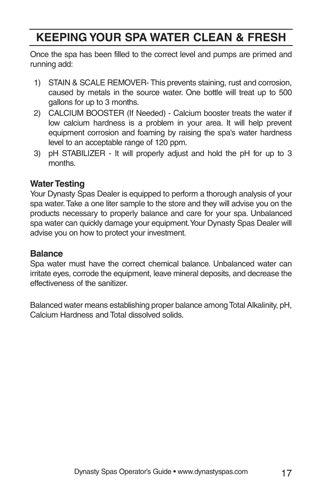 Dynasty Spas 2008 manual Water Testing, Balance 