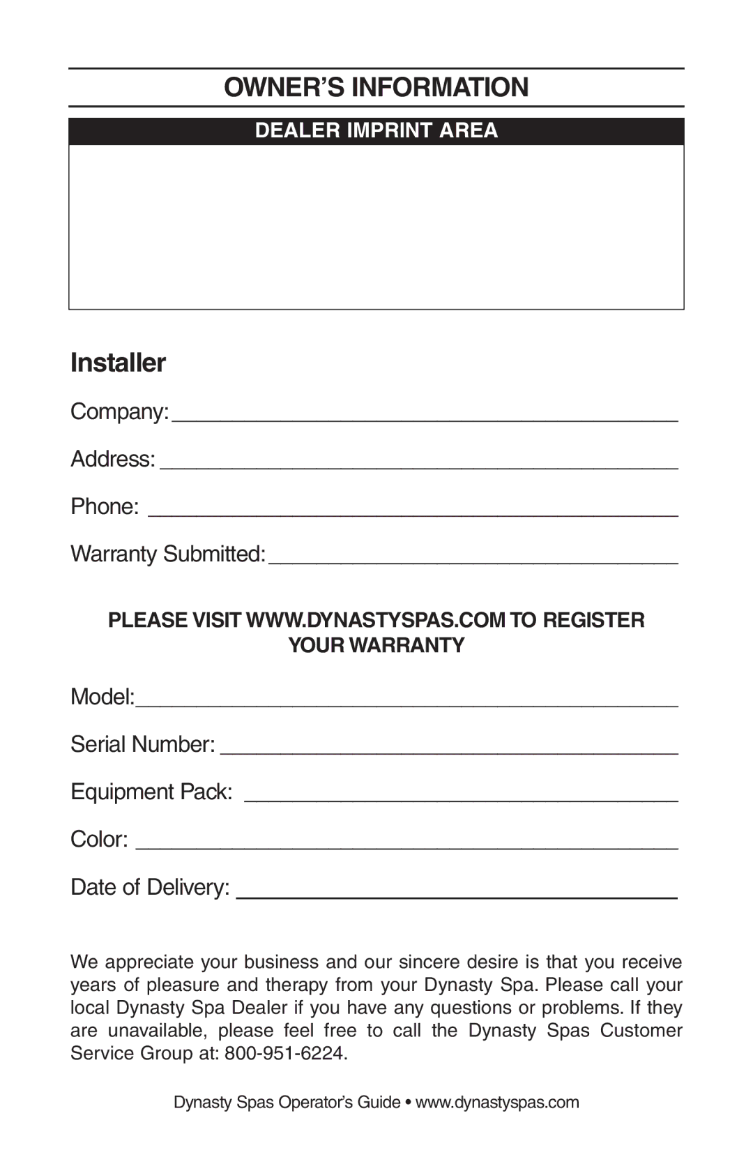 Dynasty Spas 2008 manual OWNER’S Information, Installer 