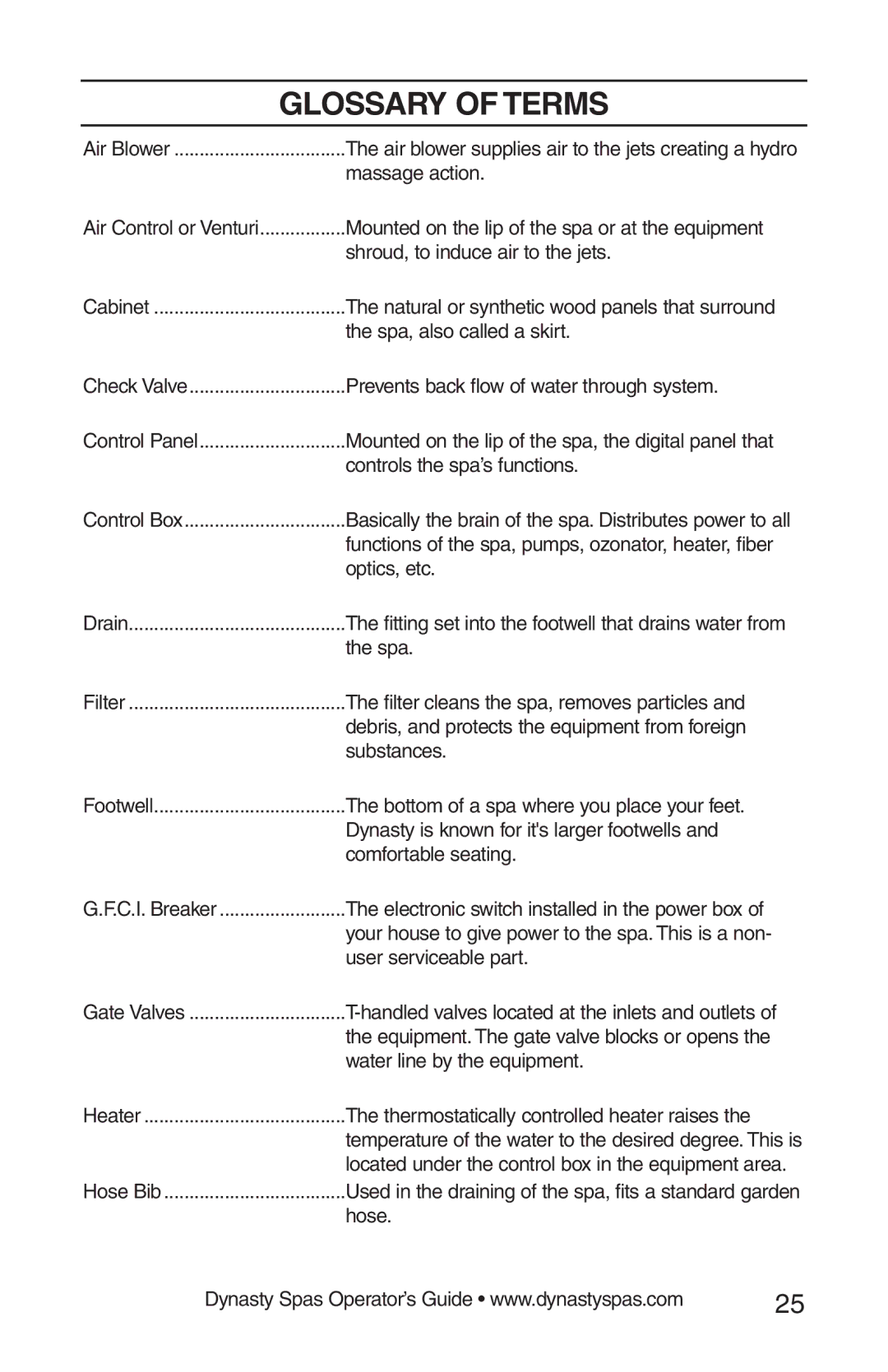 Dynasty Spas 2008 manual Glossary of Terms, Controls the spa’s functions 