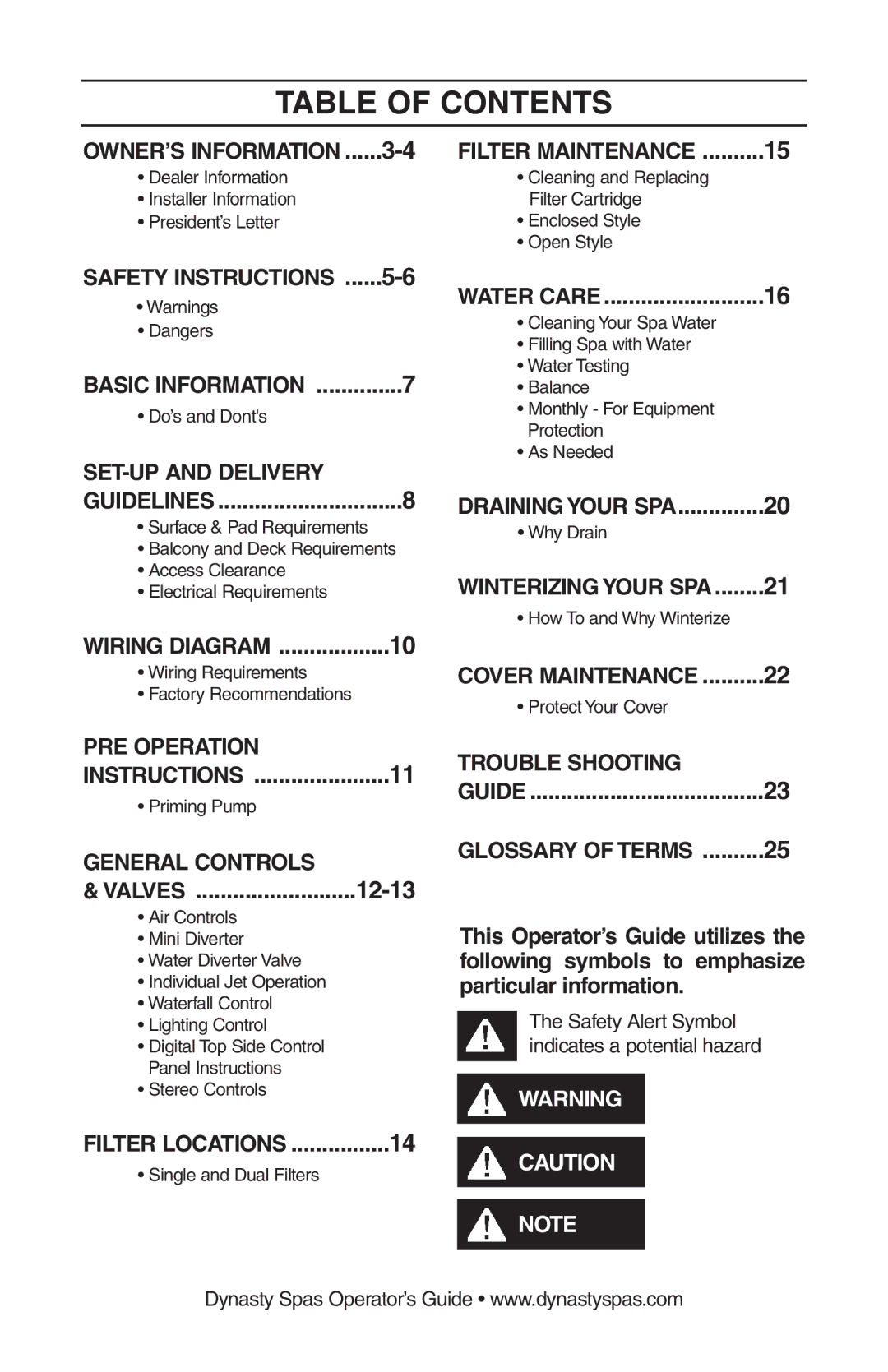 Dynasty Spas 2008 manual Table of Contents 