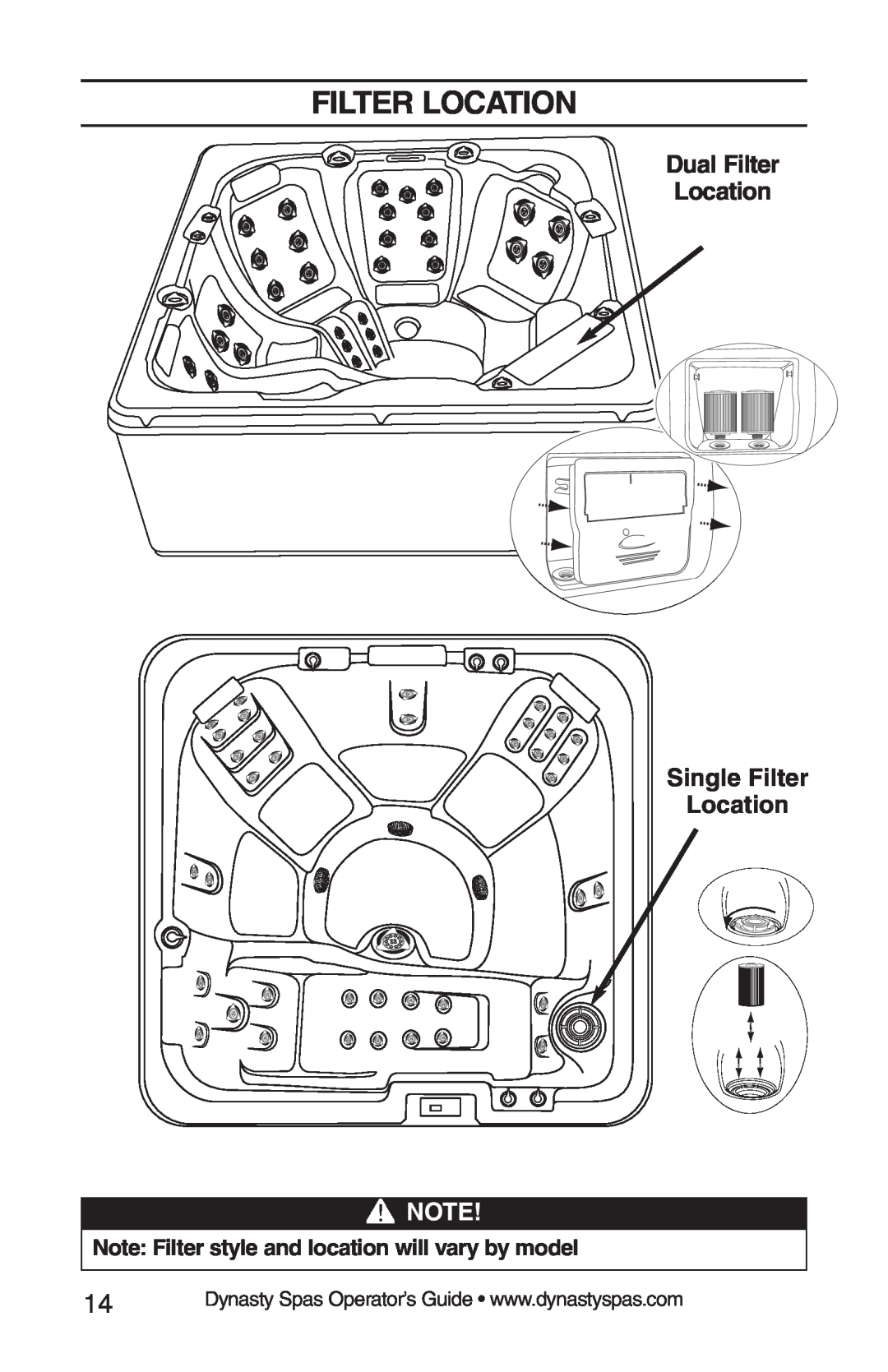 Dynasty Spas 2008 manual Dual Filter Location Single Filter Location, Note Filter style and location will vary by model 