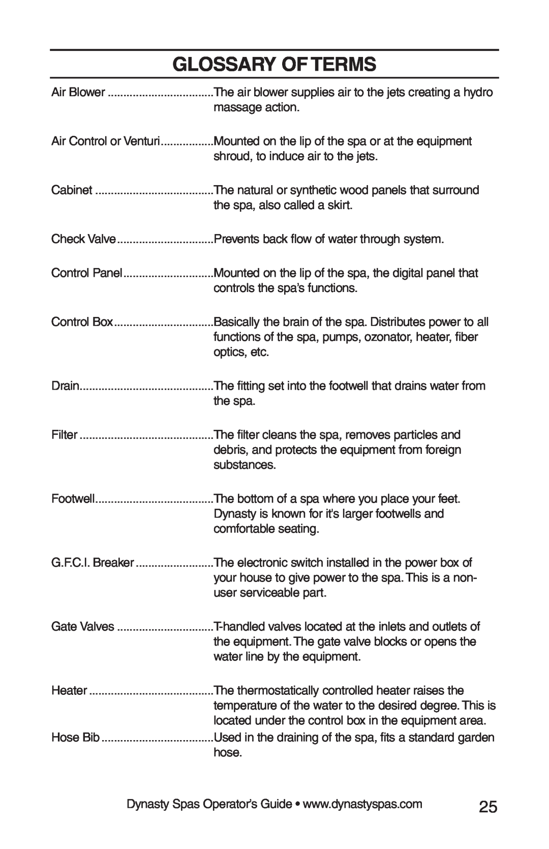 Dynasty Spas 2008 manual Glossary Of Terms 