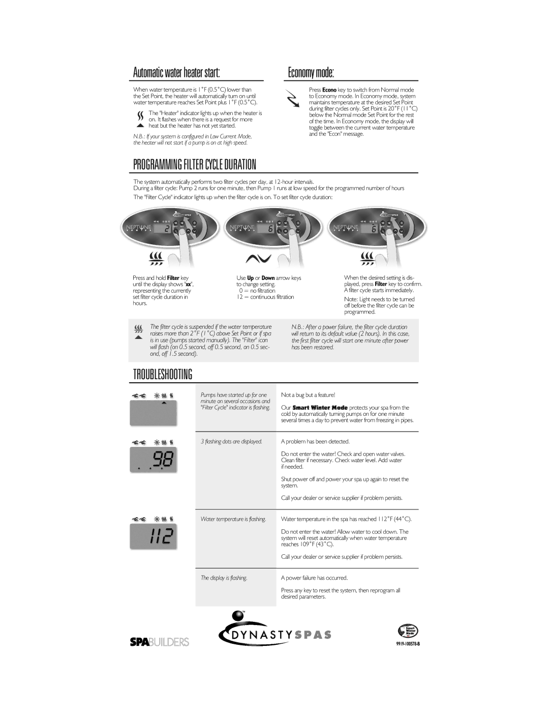 Dynasty Spas 9919-100578-B manual Economy mode, Programming Filter Cycle Duration, Troubleshooting, Not a bug but a feature 