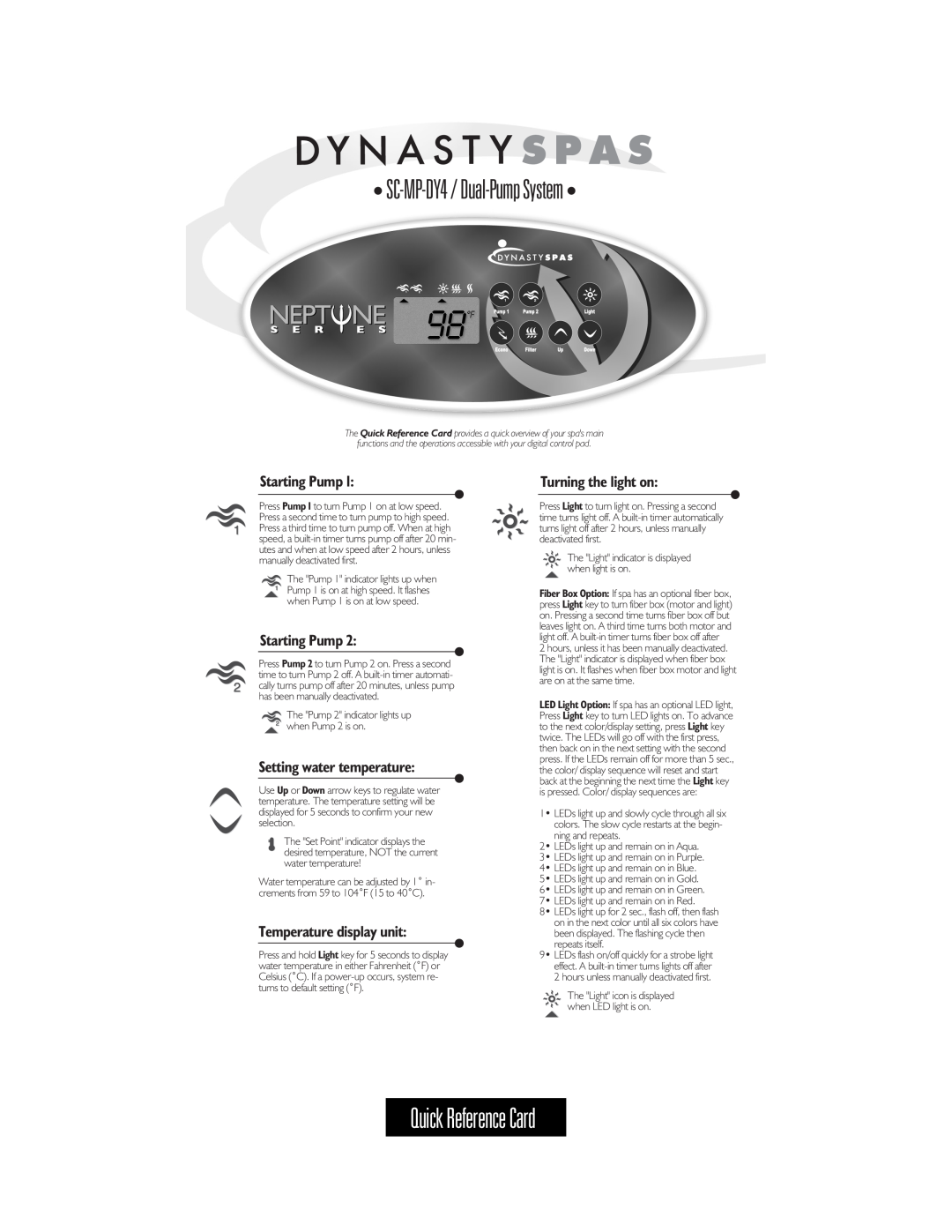Dynasty Spas 9919-100578-B manual SC-MP-DY4 / Dual-Pump System, Quick Reference Card, Starting Pump, Turning the light on 