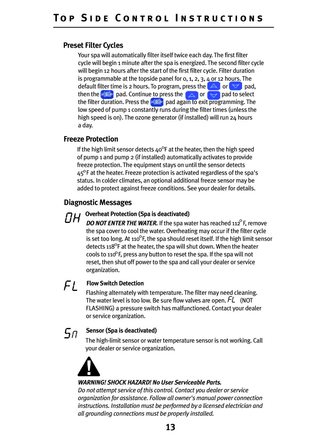 Dynasty Spas D-3000, D-2000, D-1000 owner manual Preset Filter Cycles, Freeze Protection, Diagnostic Messages 
