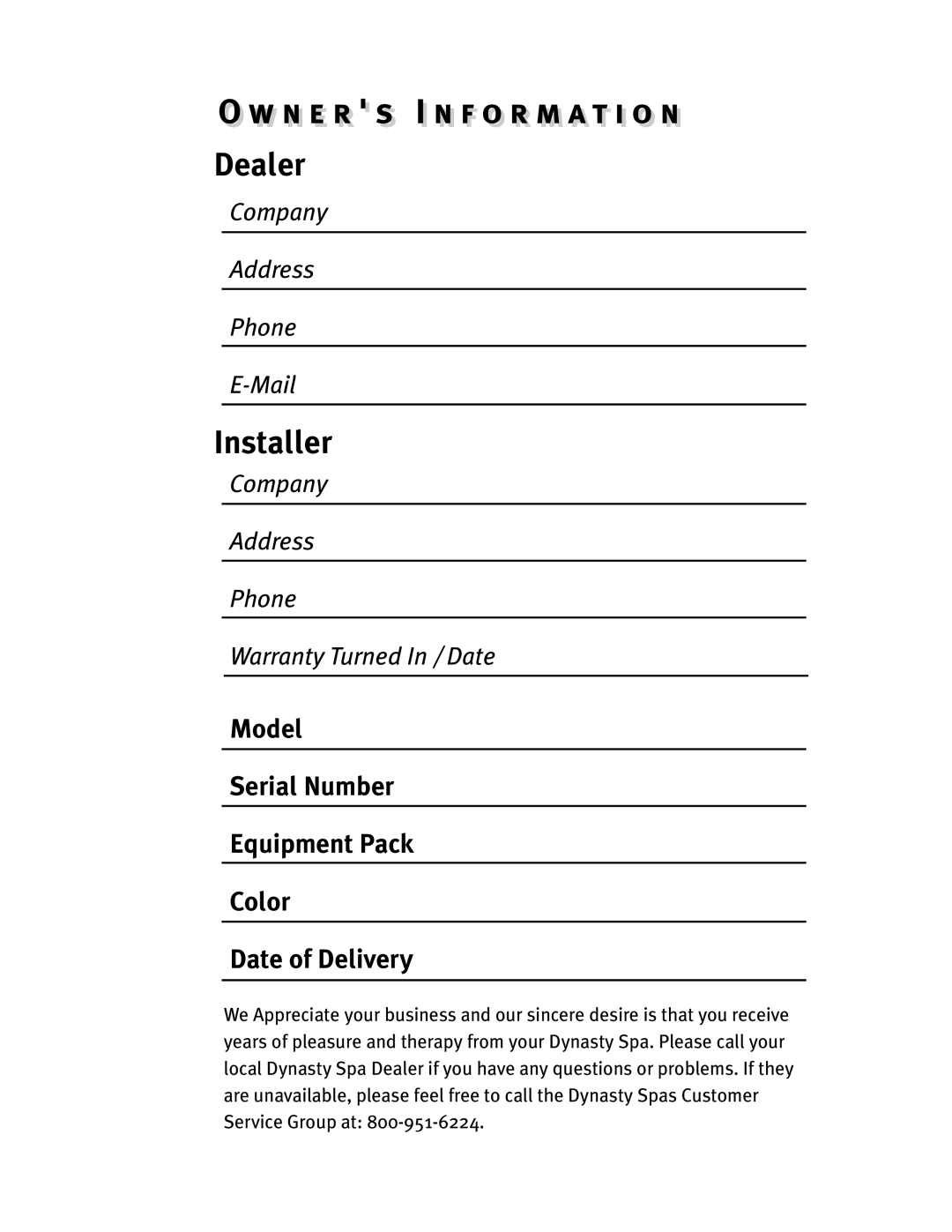 Dynasty Spas D-1000, D-2000, D-3000 owner manual Dealer, Installer 