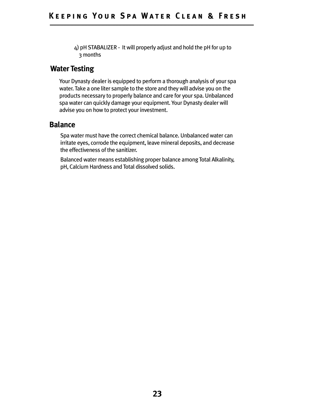 Dynasty Spas D-1000, D-2000, D-3000 owner manual Water Testing, Balance 