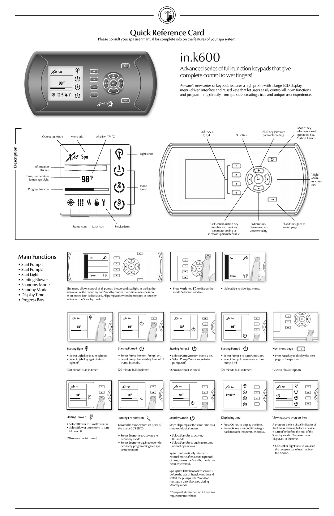 Dynasty Spas in.k600 user manual In.k600, Main Functions 