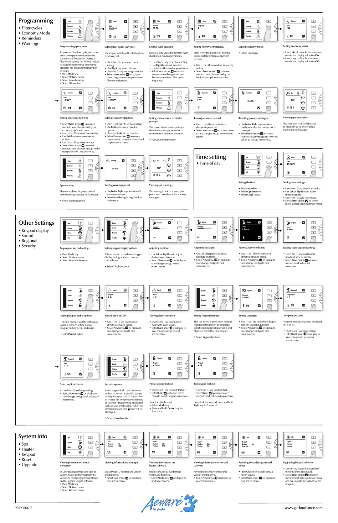 Dynasty Spas in.k600 user manual Programming, Time setting, Other Settings, System info 