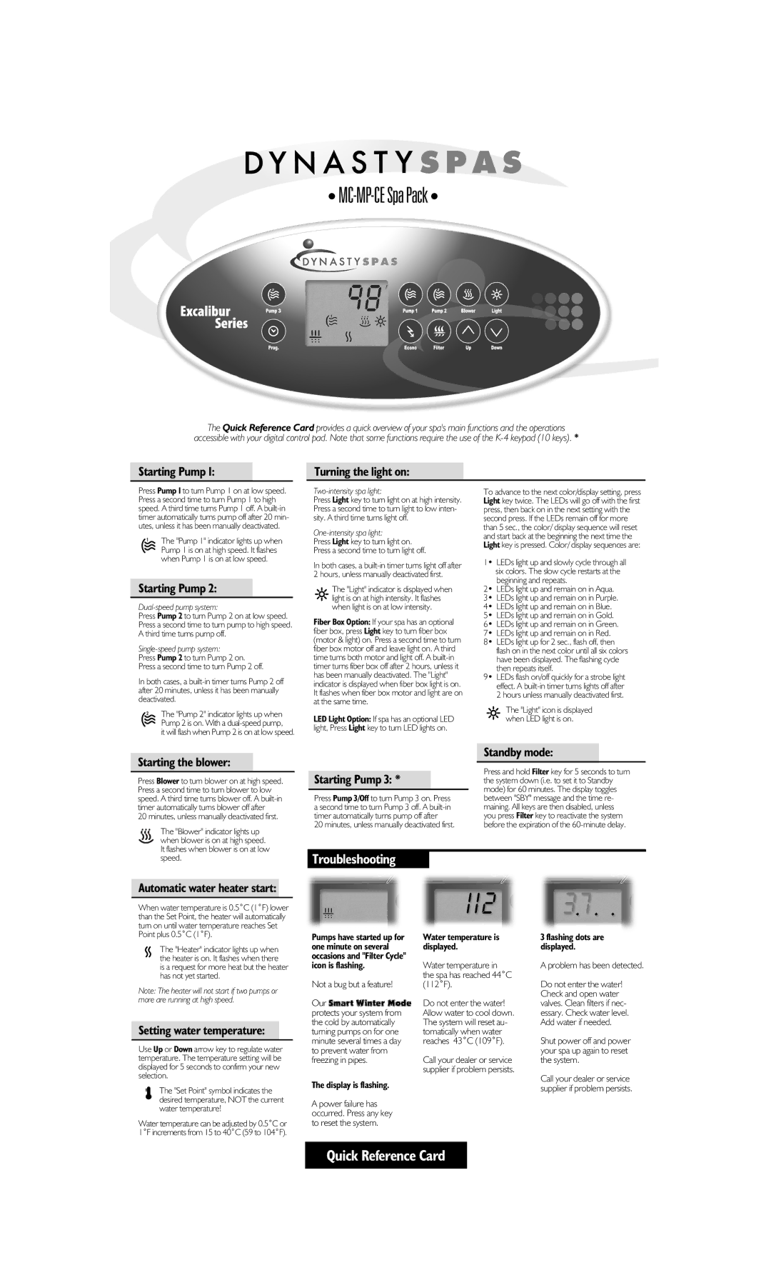 Dynasty Spas MC-MP-CE manual Starting Pump, Turning the light on, Starting the blower, Setting water temperature 