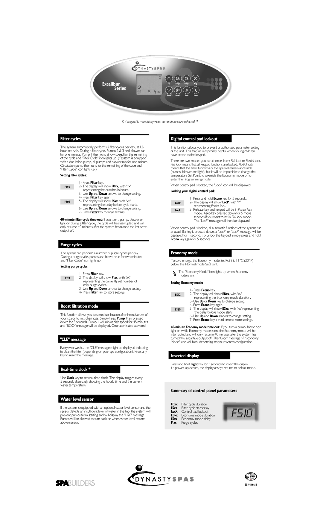 Dynasty Spas MC-MP-CE manual Filter cycles, Digital control pad lockout, Purge cycles, Boost filtration mode, CLE message 