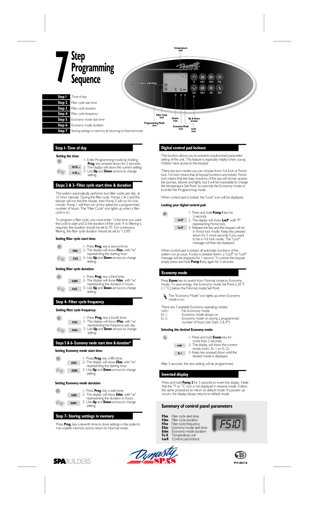 Dynasty Spas MC-MP-DY2 manual Summary of control panel parameters 