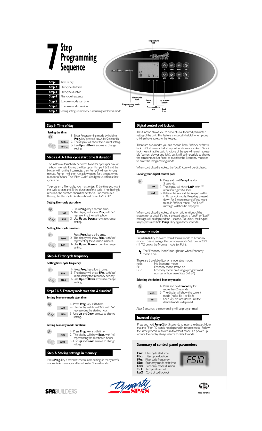 Dynasty Spas MC-MP-DY2 manual Summary of control panel parameters, 7Step Programming Sequence, Time of day, Economy mode 