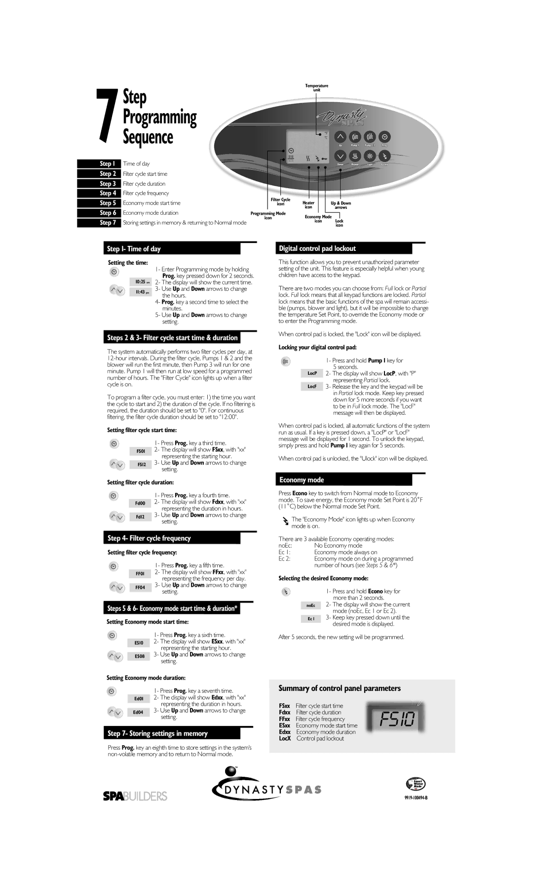 Dynasty Spas MC-MP-DY4 manual Summary of control panel parameters 