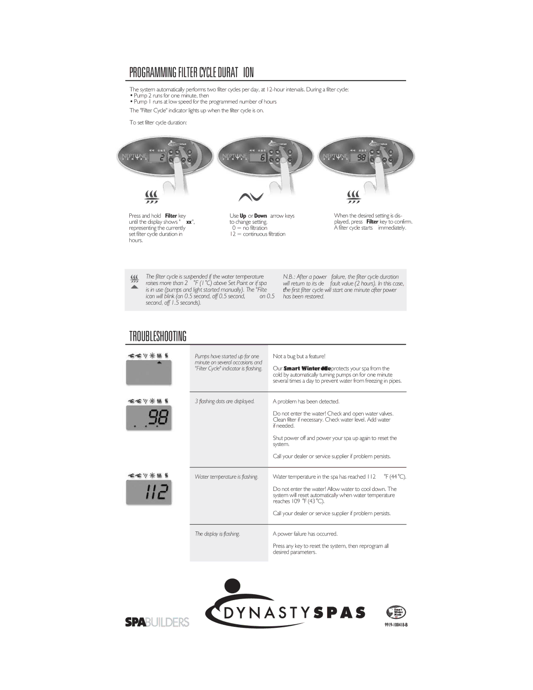 Dynasty Spas Neptune Series manual Programming Filter Cycle Durat ION, Troubleshooting, Hours, Not a bug but a feature 