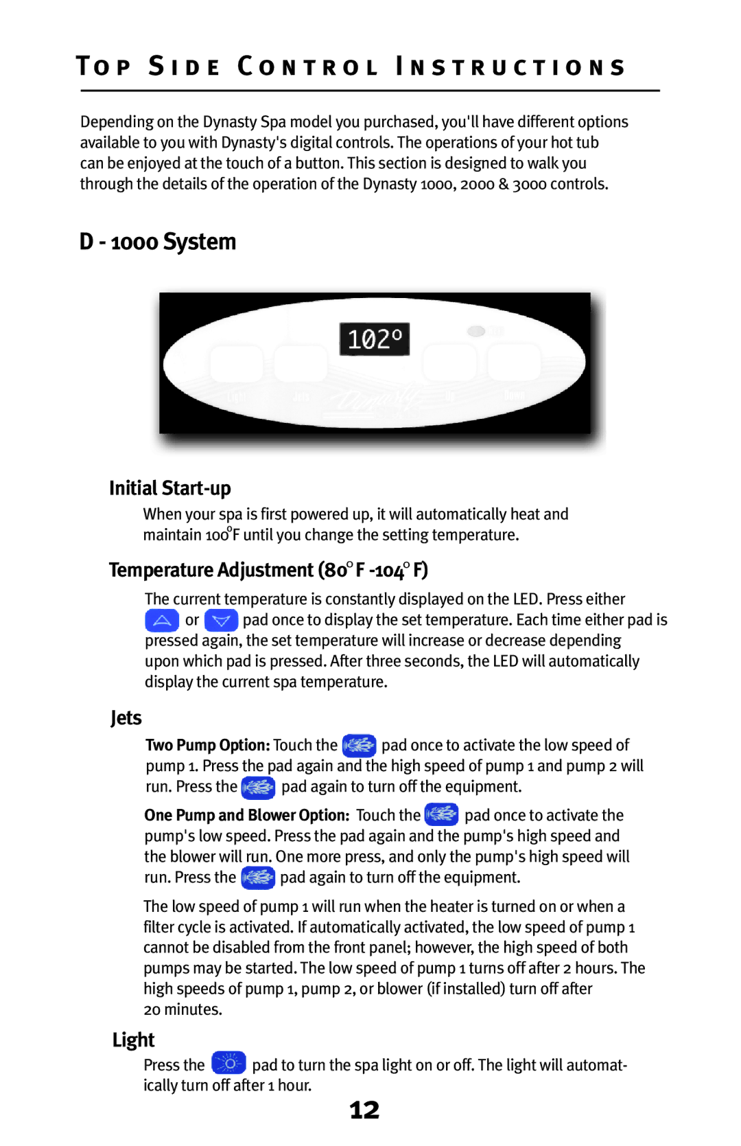 Dynasty Spas Premier System D-2000, Elite System D-3000 owner manual To p S i d e C o n t r o l I n s t r u c t i o n s 