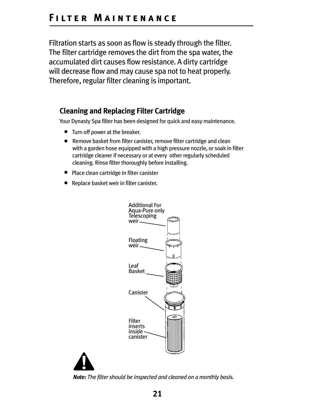 Dynasty Spas Premier System D-2000 owner manual Lt e r M a i n t e n a n c e, Cleaning and Replacing Filter Cartridge 