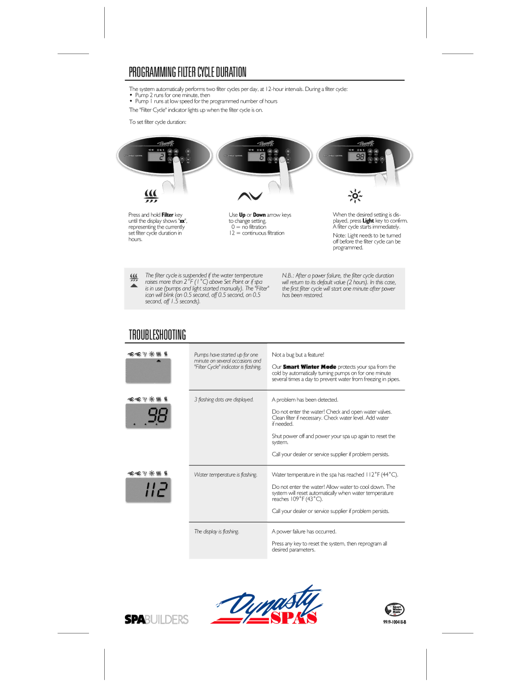 Dynasty Spas SC-MP-DY1 manual Programming Filter Cycle Duration, Troubleshooting, Not a bug but a feature 