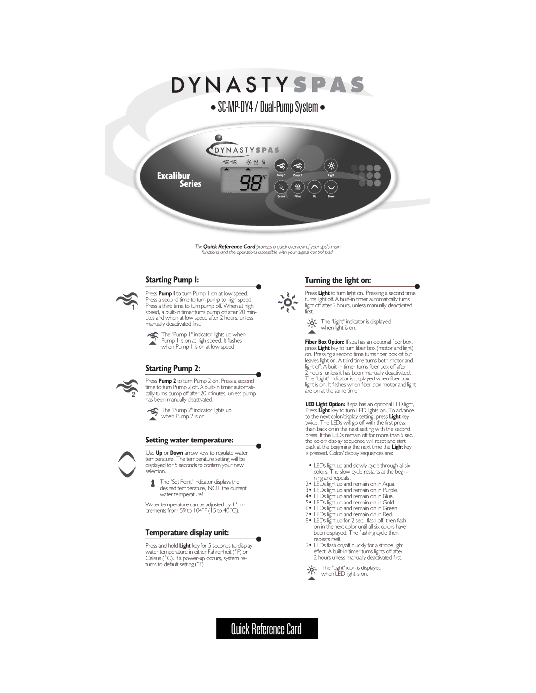 Dynasty Spas manual SC-MP-DY4 / Dual-Pump System, Starting Pump, Setting water temperature, Temperature display unit 