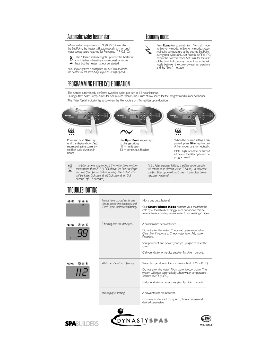 Dynasty Spas SC-MP-DY4 manual Economy mode, Programming Filter Cycle Duration, Troubleshooting, Not a bug but a feature 