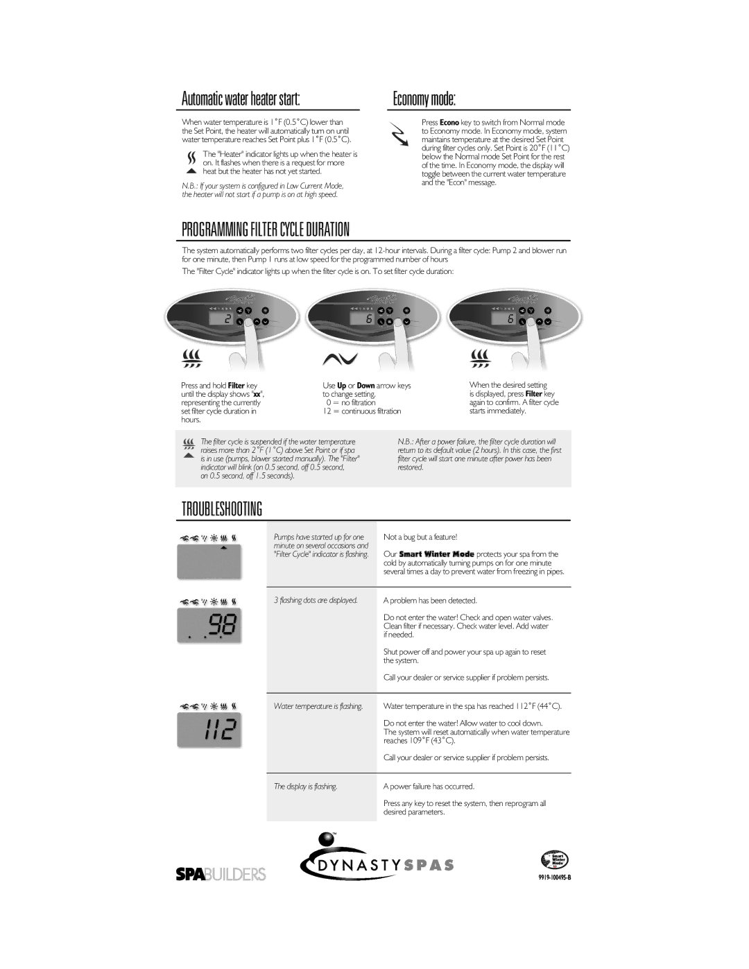 Dynasty Spas SC-MP-DY5 manual Programming Filter Cycle Duration, Troubleshooting, Until the display shows To change setting 