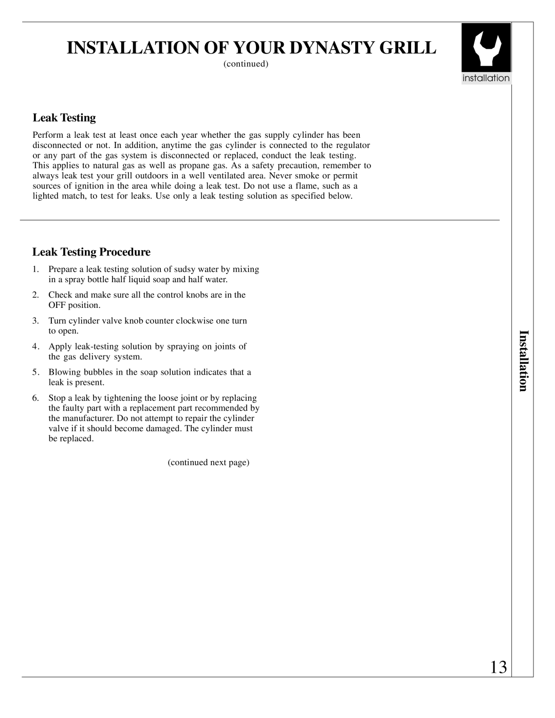 Dynasty Stoves DOBB4203A, DOPB3003A, DOBQ3000A, DOBB3003A, DOBQ4200A, DOBB1803A manual Leak Testing Procedure 