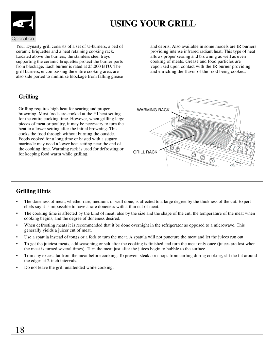 Dynasty Stoves DOPB3003A, DOBB4203A, DOBQ3000A, DOBB3003A, DOBQ4200A, DOBB1803A manual Using Your Grill, Grilling Hints 