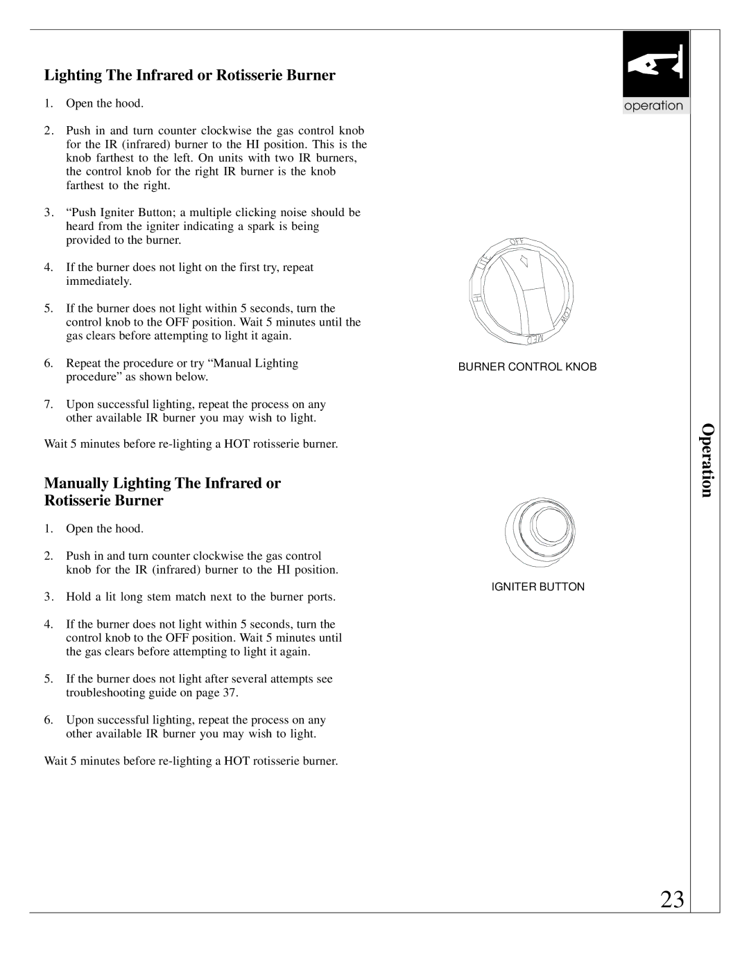 Dynasty Stoves DOBB1803A, DOPB3003A, DOBB4203A, DOBQ3000A, DOBB3003A Manually Lighting The Infrared or Rotisserie Burner 