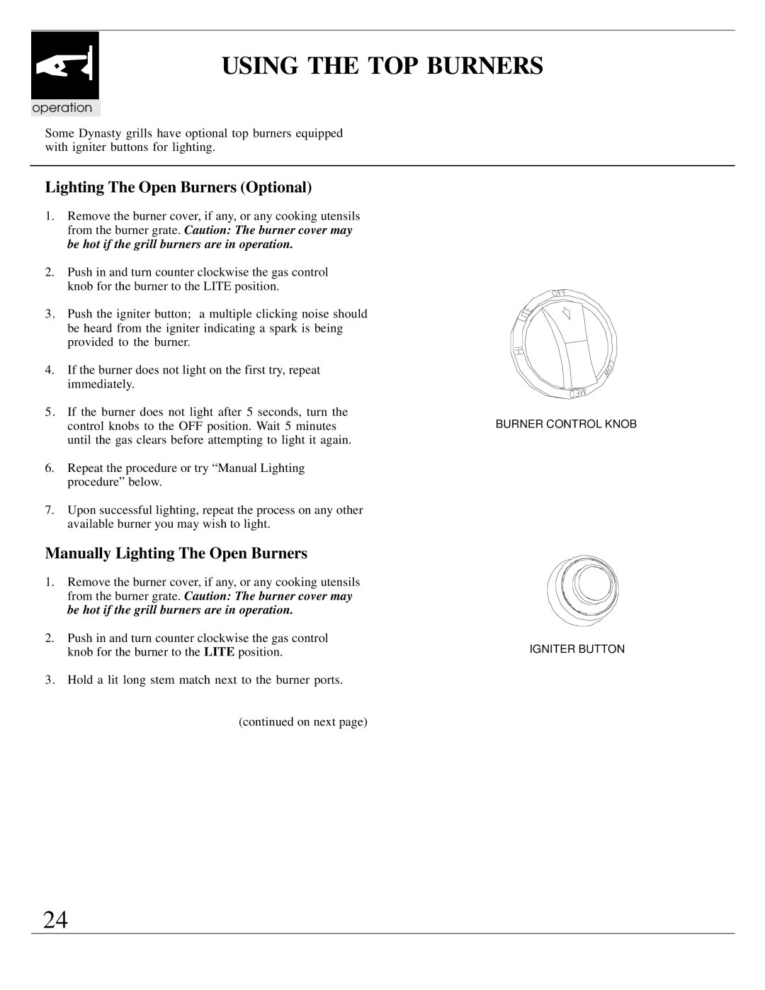Dynasty Stoves DOPB3003A Using the TOP Burners, Lighting The Open Burners Optional, Manually Lighting The Open Burners 
