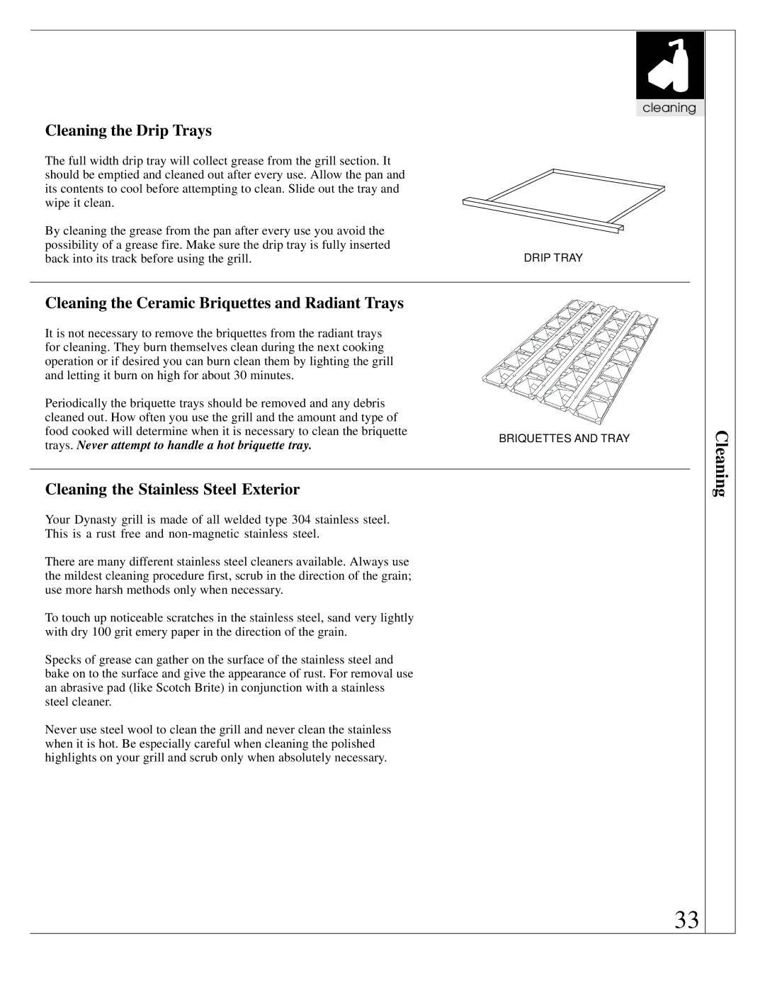Dynasty Stoves DOBB3003A, DOPB3003A, DOBB4203A Cleaning the Drip Trays, Cleaning the Ceramic Briquettes and Radiant Trays 