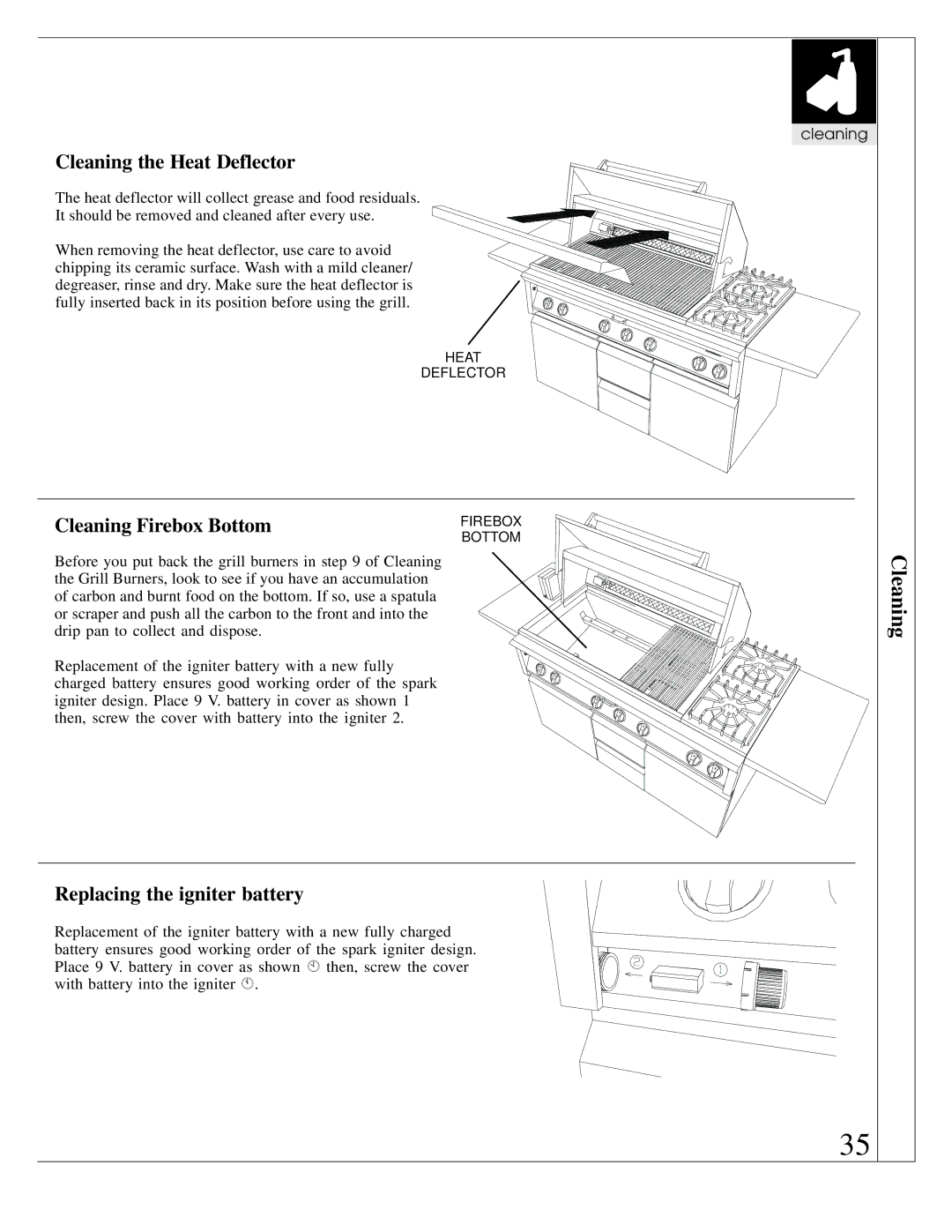 Dynasty Stoves DOBB1803A, DOPB3003A Cleaning the Heat Deflector, Cleaning Firebox Bottom, Replacing the igniter battery 