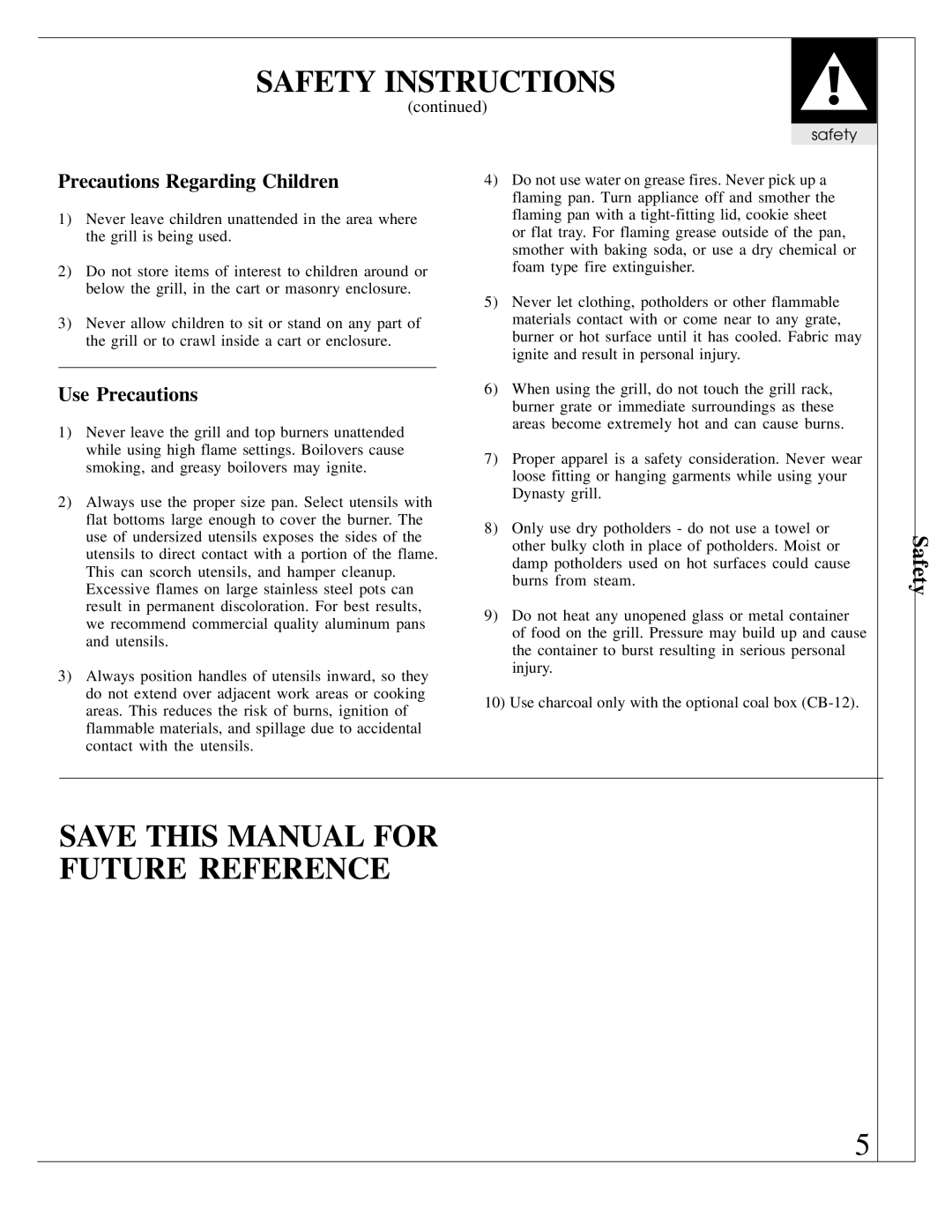 Dynasty Stoves DOBB1803A, DOPB3003A Save this Manual for Future Reference, Precautions Regarding Children, Use Precautions 