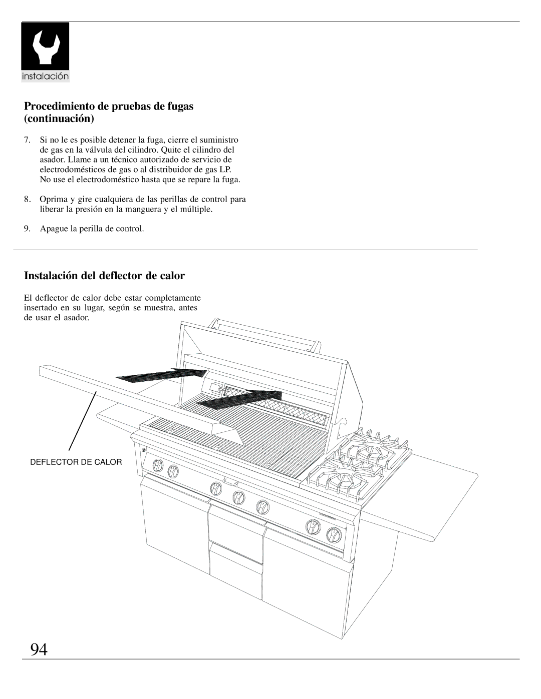 Dynasty Stoves DOBB3003A, DOPB3003A Procedimiento de pruebas de fugas continuación, Instalación del deflector de calor 