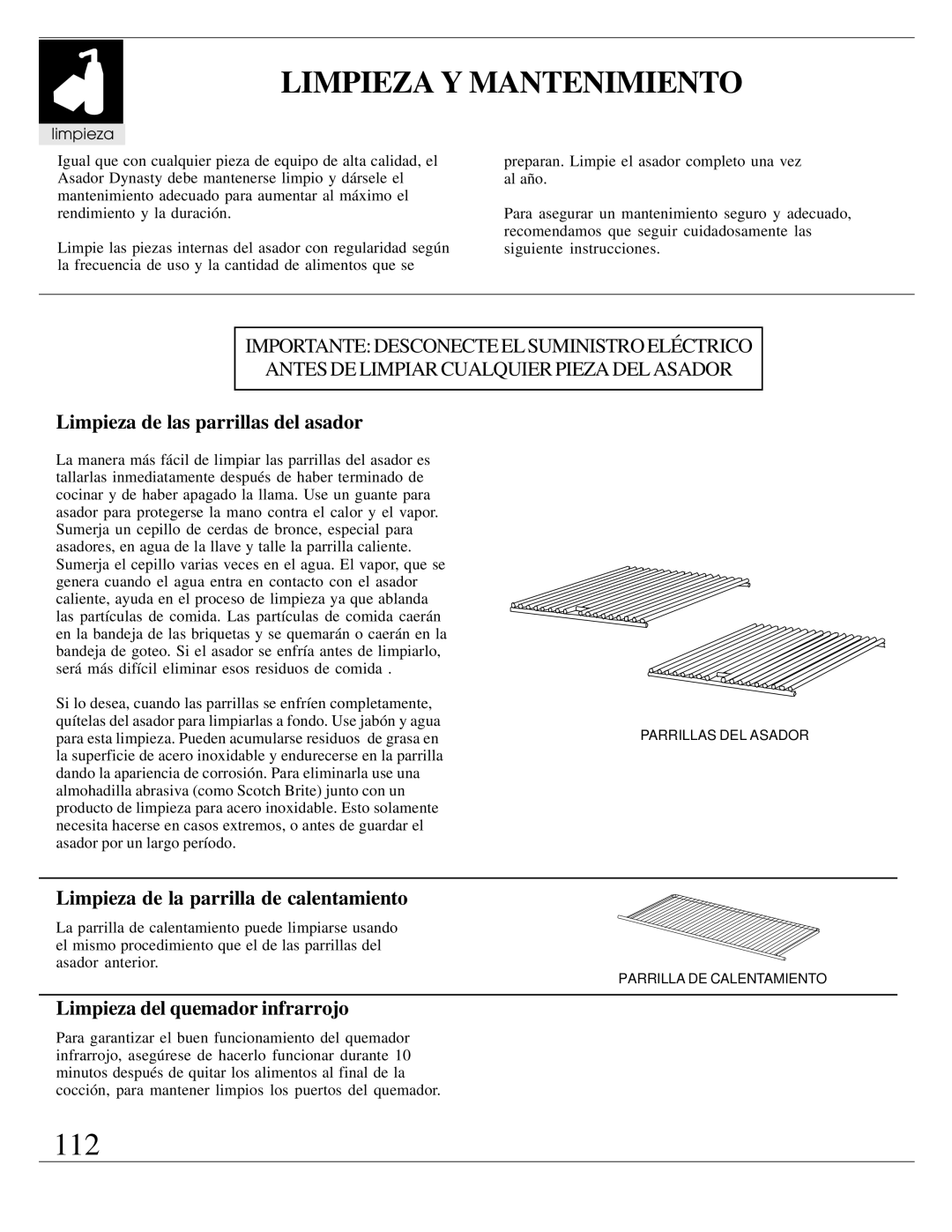 Dynasty Stoves DOBB3003A, DOPB3003A, DOBB4203A manual Limpieza Y Mantenimiento, 112, Limpieza de las parrillas del asador 