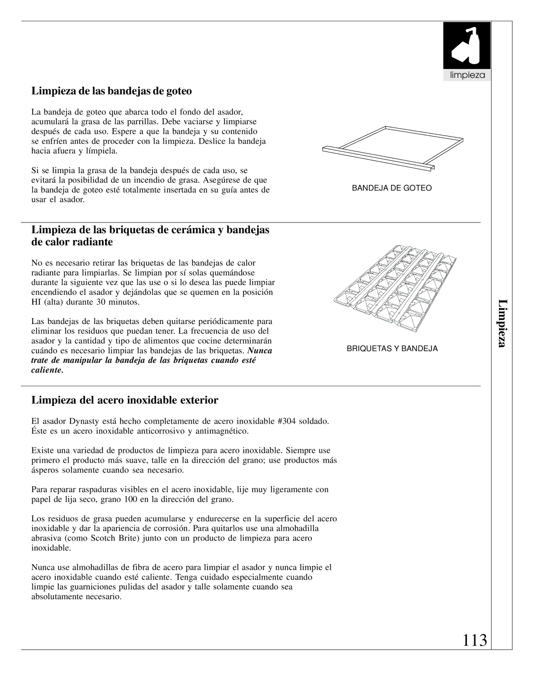 Dynasty Stoves DOBQ4200A, DOPB3003A manual 113, Limpieza de las bandejas de goteo, Limpieza del acero inoxidable exterior 