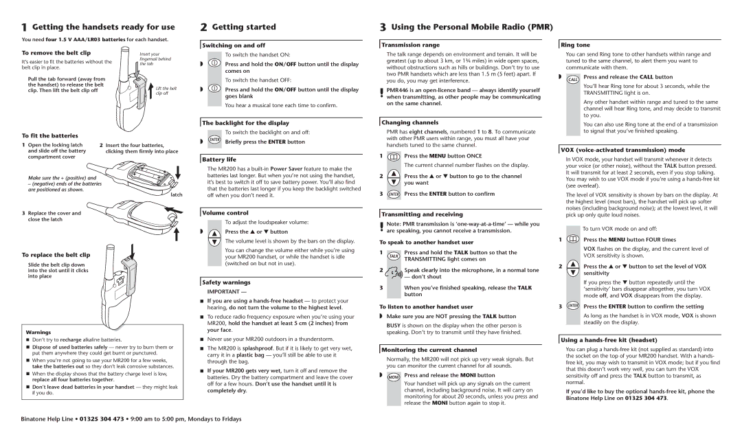 Dynatron MR200 manual Getting the handsets ready for use, Getting started Using the Personal Mobile Radio PMR 