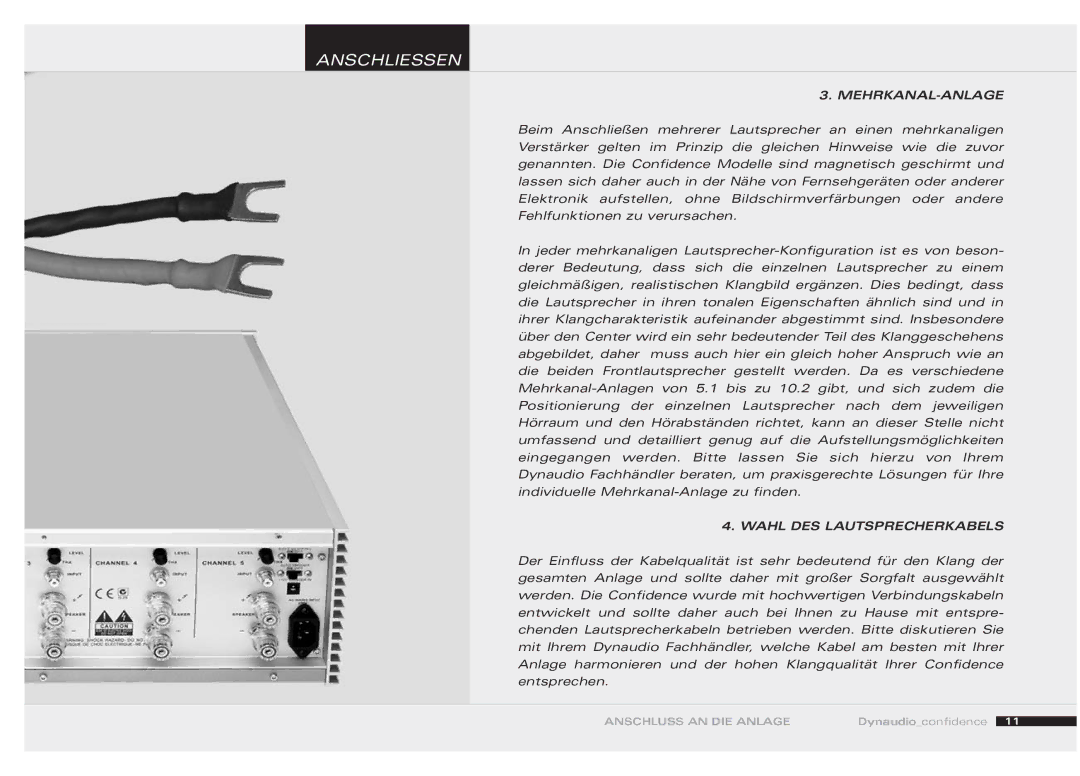 Dynaudio 455520 owner manual Mehrkanal-Anlage, Wahl DES Lautsprecherkabels 