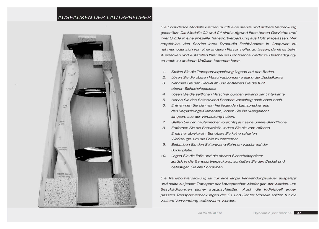 Dynaudio 455520 owner manual Auspacken DER Lautsprecher 