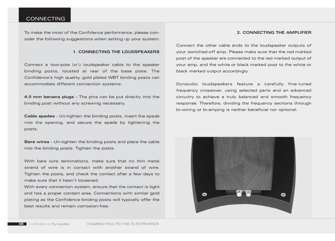 Dynaudio 455520 owner manual Connecting the Loudspeakers, Connecting the Amplifier 