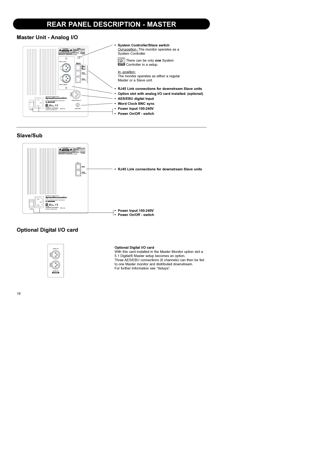 Dynaudio Air Series manual Rear Panel Description Master, Master Unit Analog I/O, Slave/Sub, Optional Digital I/O card 