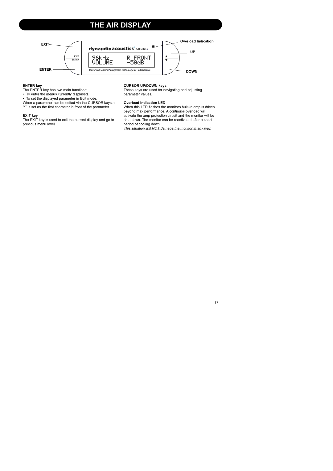 Dynaudio Air Series manual AIR Display, Enter key Cursor UP/DOWN keys, Overload Indication LED, Exit key 