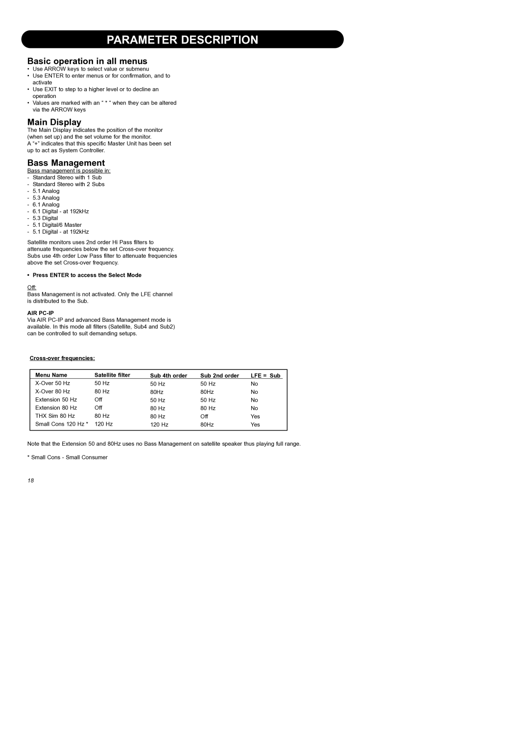 Dynaudio Air Series manual Parameter Description, Basic operation in all menus, Main Display, Bass Management 