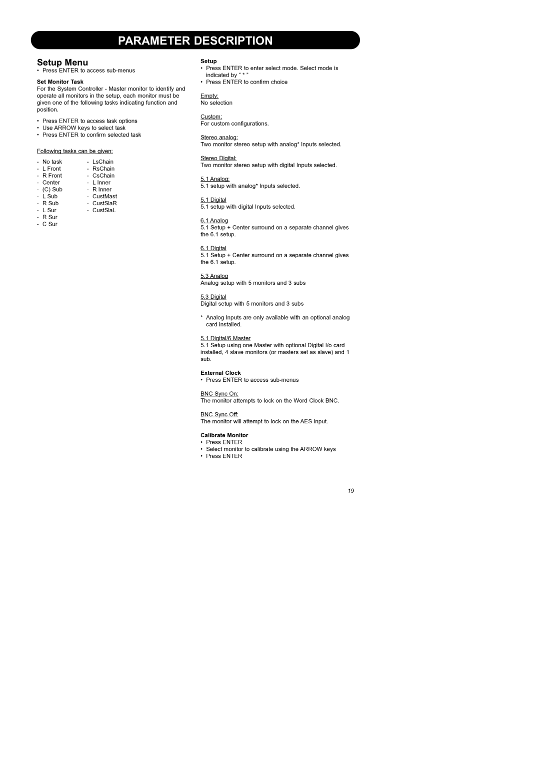 Dynaudio Air Series manual Setup Menu, Set Monitor Task, External Clock, Calibrate Monitor 