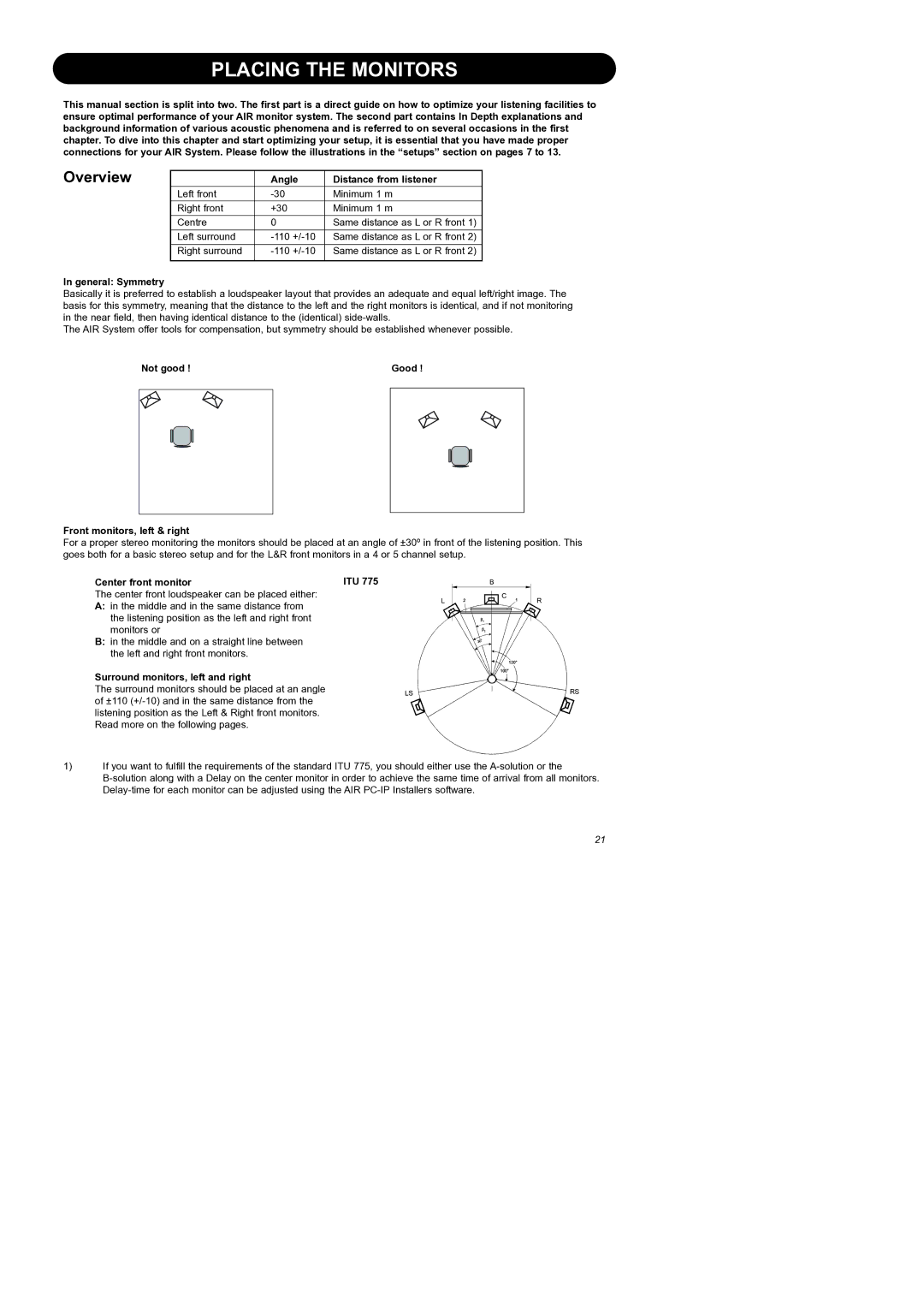 Dynaudio Air Series manual Placing the Monitors, Overview 