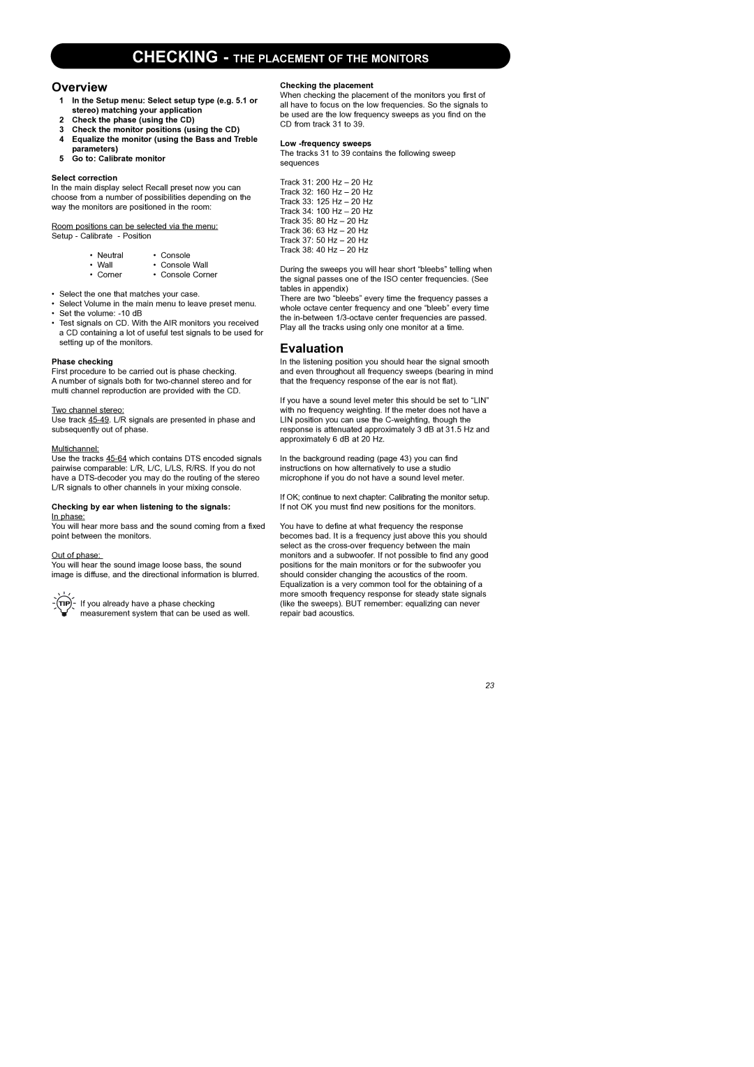 Dynaudio Air Series manual Evaluation, Checking the placement, Low -frequency sweeps, Phase checking 